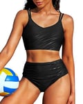 CharmLeaks Sporty High Waisted Bikini Sets Women Two Piece Swimsuit V Neck Ruched Bathing Suit Black XL