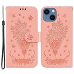 Rose Butterfly Imprinted Case För Iphone 15, Stand Plånbok Cover Pink