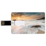 64G USB Flash Drives Credit Card Shape Seaside Decor Memory Stick Bank Card Style Grand Sea Waves on the Beach and Horizon Sky Holiday Calm Dream Light Season Photo,Cream Blue White Waterproof Pen Thu