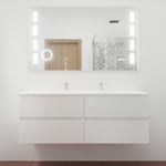 Cuisibane - Meuble double vasque tout inox 140 cm rosinox + miroir led Excellence- Blanc- Plan vasque en - Blanc mat