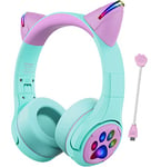 Riwbox Kids Bluetooth Headphones, CF9 Cat Ear Headphones with LED Light, Boom Mic&Built-in Mic for Calls, 85dB Volume Limited Kids Headphones Wireless&Wired for School Tablet PC Phones (Green)