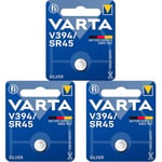 VARTA Piles Bouton V394/SR45 oxyde d'argent, Lot de 3, Silver Coin, 1,55V, Emballage sécurisé pour Les Enfants, pour Montres, clés de Voiture, télécommandes, Made in Germany