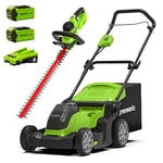 Greenworks 40V Cordless Lawn Mower 41cm (16") with 2x 2Ah batteries and charger - 2504707UC & Greenworks 40V Cordless Brushed Hedge Trimmer - Battery and charger not included - 2200907