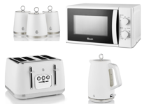 Swan Serenity White Kettle Toaster 700W Microwave & Canisters Matching Set of 6