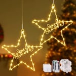 2 Pack Star Christmas Window Lights, 110 LED Battery Operated Christmas Hanging Lights with Remote & Timer, 8 Modes Warm White Star String Lights Xmas Window Decoration