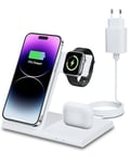 Chargeur sans Fil 3-en-1 pour iPhone 11/12/13/14/15/XS/X/8 séries Apple Watch 9/ultra/8/7/6/se/5/4/3/2 Maison/Voyage/Bureau Chargement sans Fil (Blanc)