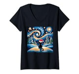 Womens Starry Night Cat in Winter with Santa Hat Under Magical V-Neck T-Shirt