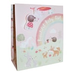 Beautiful Baby Girl Gift Bag with Tag - 25.5cm x 21.5cm Woodland Creatures Pink