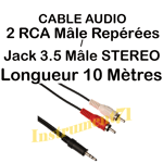 Câble 2 RCA Mâle vers 1 Jack 3,35 STEREO Mâle Fiches Surmoulées  Long 10 Métres