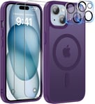 5 In 1 Magn??Tique Coque Compatible Avec Iphone 15 Aimant??E Avec 2 Verres Tremp??S Et 2 Cam??Ra Protecteur, Compatible Magsafe Dos Anti Rayures Coque Antichoc Tpu Bumper Case (Violet Fonc??)