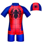 URAQT Boys Swimming Costume, Kids One Piece Short Sleeve Swimwear with Swimming Cap, Kids Cartoon Super Hero UV Protection Swimsuit Child Rash Guard Bathing Suit, Kids Swim Set for 2-9 Years Red