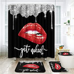 Arttown Black Bathroom Sets with Shower Curtain and Rugs and Accessories, Diamond Get Naked Shower Curtain Sets, Lips Shower Curtains for Bathroom,Black and Red Bathroom Decor 4 Pcs