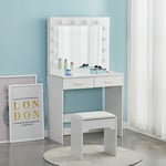 1 x Makeup Desk White Wooden Dressing Table w/ Mirror Chair 10 LED Lights Drawer