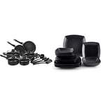 Amazon Basics 15-Piece Non-Stick Cookware Set & Creative Tops 12-Piece Ceramic “Raven” Dinner Set, Black