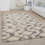 Paco Home - Tapis Shaggy Tapis De Salon Poil Long Moderne Boho Scandinave Motif Diamant 80 cm rond, Crème Anthracite 3