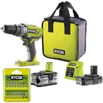 RYOBI - Perceuse-visseuse à percussion 18V ONE+ 50 Nm + 2 batteries, chargeur, sac R18PD3-242S + Coffret de vissage 17 accessoires