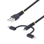 StarTech.com 3ft (1m) Rugged USB Multi Charging Cable, USB to Lightning/Micro-USB/Type-C, Apple MFi, 3-in-1 USB Charger Cord