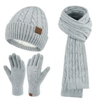 Femme Hiver Bonnet Chapeau Écharpe Écran Tactile Gants Ensemble Chaud Tricot Polaire Doublé Casquette Foulard Gant Cadeaux de Noël Anniversaire pour Femmes