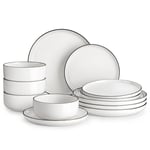 MALACASA Service de Table 12 Pièces en Porcelaine avec Assiettes et Bols - Service de Table en Céramique pour 4 Personnes - Blanc avec Bord Noir - Série LUNA