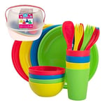 Aktive - Set vaisselle pique-nique camping pour 4 personnes, boîte repas travail avec poignée, ustensiles de camping couverts, assiettes, tasses, saladiers, gobelets en plastique dur réutilisable