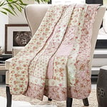 Pink Cotton Patchwork Throw Blanket for Couch Twin Size 60" x 80" Floral Reversible Quilted Bedspread Coverlets Flowers Quilt Soft Garden Lightweight Comforter Bed Cover for Bed Sofa Home Decor