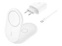 Belkin Boostcharge 2-In-1 - Trådløst Ladestativ - Magnetisk, Sammenleggbar, Med Qi2 + Ac-Strømadapter - 15 Watt - Fast Charge - Hvit - For Apple Iphone 12, 13, 14, 15, 16