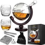 MikaMax - Ensemble de carafe à décanter Globe - Ensemble de carafe à whisky - Set à whisky fabriqué à la main - Comprend 2 verres à whisky - 850 ml - Transparent - Ensemble carafe à décanter en verre