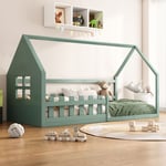 Lit cabane 90x200cm, avec fenêtre, sommier à lattes en bois massif, barrière de sécurité, forme de la maison, lit enfant - Vert - Vert