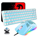 Clavier Mécanique et Souris Filaire Gamer, 68 Touches Switch Bleu 60% Backlit Bleu Glacier Keyboard Blanc, Mouse Vert Programmable Légère en Nid d'abeille 6400DPI, Compatible avec Windows Mac PS4