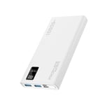 PROMATE 10000mAh Power Bank with Smart LED Display &amp; Super Slim Design. Includes 2x USB-A &amp; 1x USB-C Ports. 2A (Shared) Charging. Auto Voltage Regulation. Charge 3x Devices. White Colour.