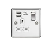 Prise de courant avec interrupteur 13 A 1 G double port USB avec insert blanc – Bords arrondis Chrome poli