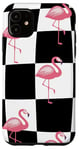 Coque pour iPhone 11 Pink Flamingo Checker Black & White Pink Checkered Flamingo