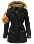 FemiChic Women Winter Coat Waterproof Fleece Lined Jacket Warm Ladies Parka Drawstring Girdle Hooded Thermal Thickened Detachable Faux Fur Mid Length Outdoor Overcoat(Black,S)