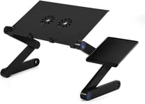 Table de lit Pliable pour Ordinateur Portable, Support PC Portable de 17 Pouces réglable en Aluminium avec Support de Souris et 2 Ventilateurs de Refroidissement (Noir)