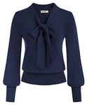 GRACE KARIN Pulls Blouses Femme Manche Longue Hiver Chemise Tricoté Grande Taille Noeud Top Chaud Chic et Elegant Bleu Marine -3 XXL