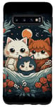 Coque pour Galaxy S10 mignon anime chat portrait de famille avec couronne, lune, fleurs