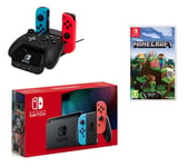 Nintendo Switch Neon Red & Blue, Minecraft & PowerA Controller Charging Station, Red,Blue