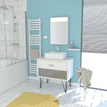 AURLANE Meuble Salle DE Bain SCANDINAVE Blanc ET Gris 80 CM avec TIROIRS, Vasque A Poser ET Miroir