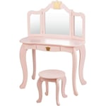 Coiffeuse Enfant avec Tabouret et Miroir Amovible Pliable à 3 Volets, Ensemble de Coiffeuse 2-en-1 Moderne avec Décorations Couronne, Blanc/Rose