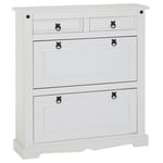 Meuble à chaussures TEQUILA style mexicain armoire avec 2 abattants et 2 tiroirs rangement pour 16 paires, pin massif lasuré blanc