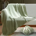 Amélie Home Sage Green Knit Throw Blanket with Ruffled Fringe, Waffle Honeycomb Blanket Lightweight Soft Cozy Modern Farmhouse Knitted Throw Blankets for Couch Bed Sofa, 50'' x 60''