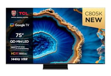 TCL 75C805K 75-inch QLED Mini LED, Full Array 4K HDR Premium 1300nits, Smart Gaming TV Powered by Google (Freesyncy Premium Pro, 144Hz Motion Clarity Pro, Dolby Vision IQ & Atmos, Onkyo sound)