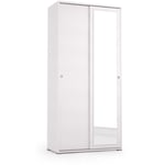 Armoire avec portes coulissantes, miroir, deux étagères et tube à linge blanc avec portes blanches