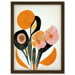 Abstract Painting Linocut Style Flowers In Autumn Pastel Pink Brown And Orange Artwork Framed Wall Art Print A4