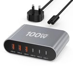 USB C Charging Hub, 100W GaN 6 Port Type USB C Charging Station, USB C Wall Charger Power Strip Adapter Plug 3 USB C 3 USB A Charger for iPhone 16 15 14 13 12 11, iPad, Pixel Note Galaxy - Grey