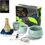 TEANAGOO Matcha Whisk Set Matcha Bowl avec Spout moulé en bambou Matcha Whisk Scoop Matcha Whisk Holding Tee Making Kit. 1 set de thé japonais (7pcs) +2 tasses (7,2 oz), S31, Bleu dégradé