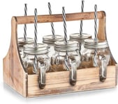 Avilia Set Plateau en Bois élégant avec 6 Bouteilles en Verre pour Pique-Nique et Piscine - Plateau de Service en Bois et gourdes, idéal pour apéritif, 29 x 22,5 x 22,1 cm