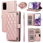 ELISORLI Wallet Case for Samsung Galaxy S20 Plus S20+ 5G with Wrist Strap Crossbody Shoulder Strap Stand Leather Phone Cover with 9+ Card Slots for S20+5G S20plus 20S + S2O S 20 20+ G5 Women Pink