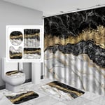 Lot de 4 Rideaux de Douche en marbre Noir, Ensemble de Salle de Bain avec Rideau de Douche, Tapis et Accessoires, Tapis de Couvercle de Toilette et Tapis antidérapant en Forme de U, Rideau de Douche