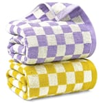 Jacquotha Checkered Bath Towel Set in Yellow and Lilac, Soft Colorful Bath Towels for Bathroom Spa, Large Shower Towels 2 Pack 55” x 27.5”, Thin Quick Drying Towels for Beach Pool